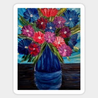 A lovely boutique of abstract vibrant bright colorful  flowers in a tall glass vase Sticker